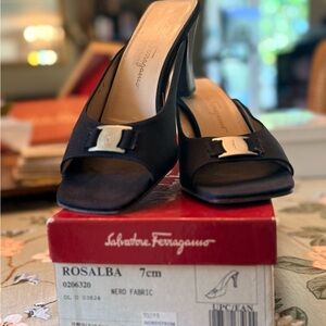 Salvatore Ferragamo Rosalba Black Satin Heels 7cm | Size 9.5B | Made in Italy